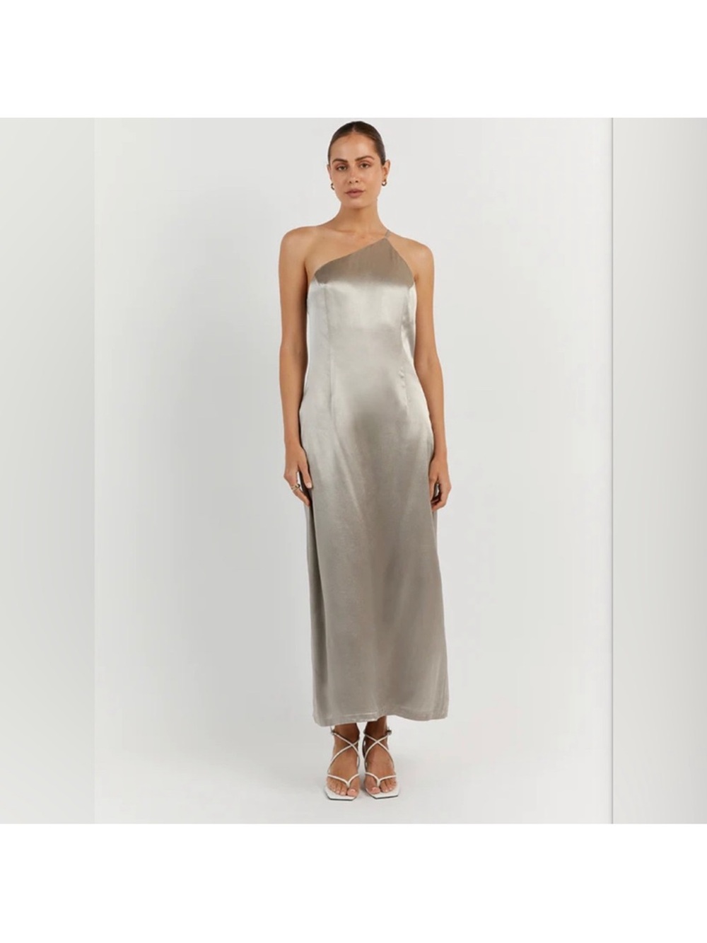 Satin One-Shoulder Slip Dress in Silver - NEW never worn